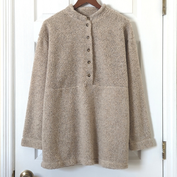 L.L. Bean Other - L.L. Bean 90's Vintage Classic Fuzzy Faux Sherpa Henley Pullover Sweater Beige